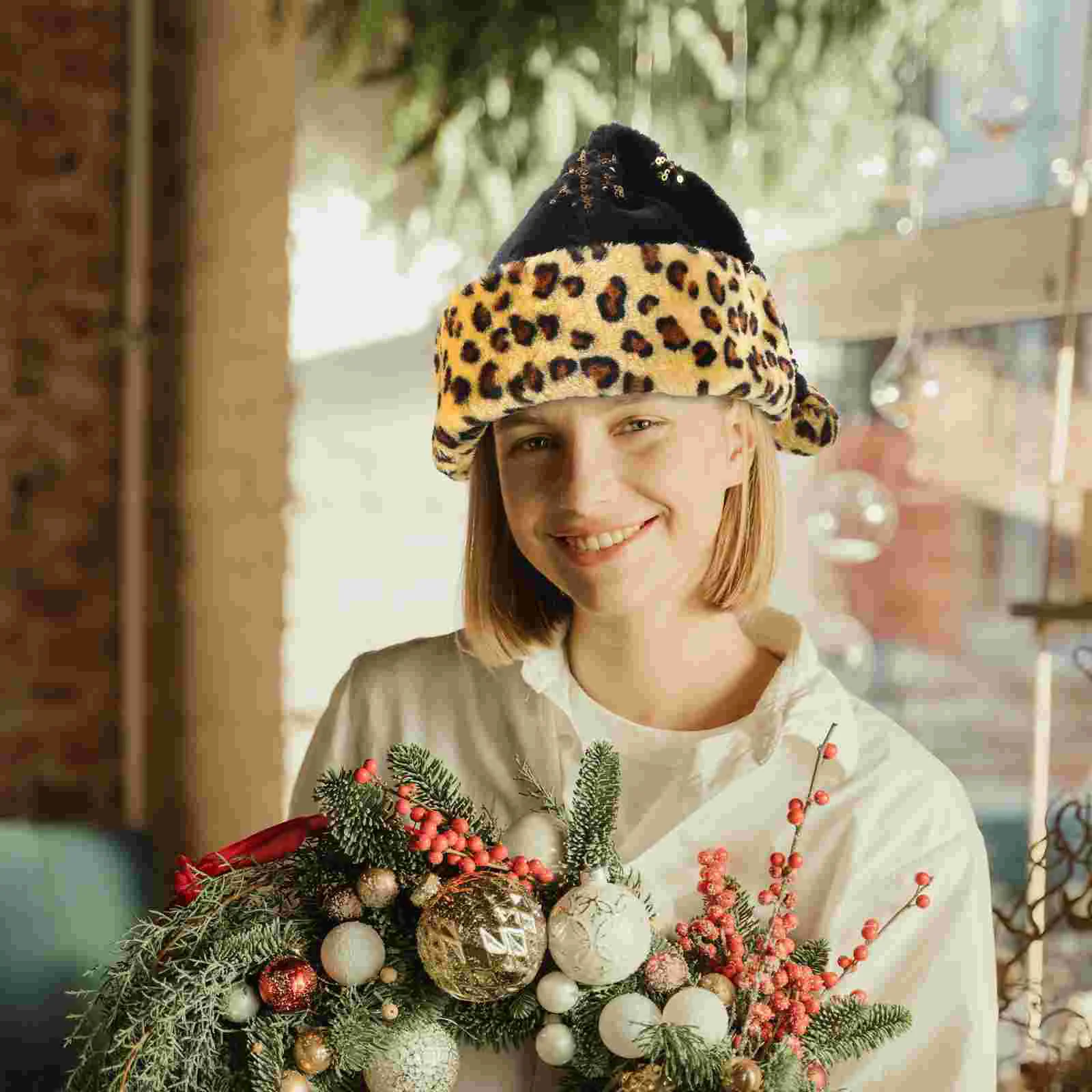 Leopard Print Christmas Hat Hats Adults Party for Funny Humor Silly Cap Halloween Decorative Xmas Prop Plush Santa