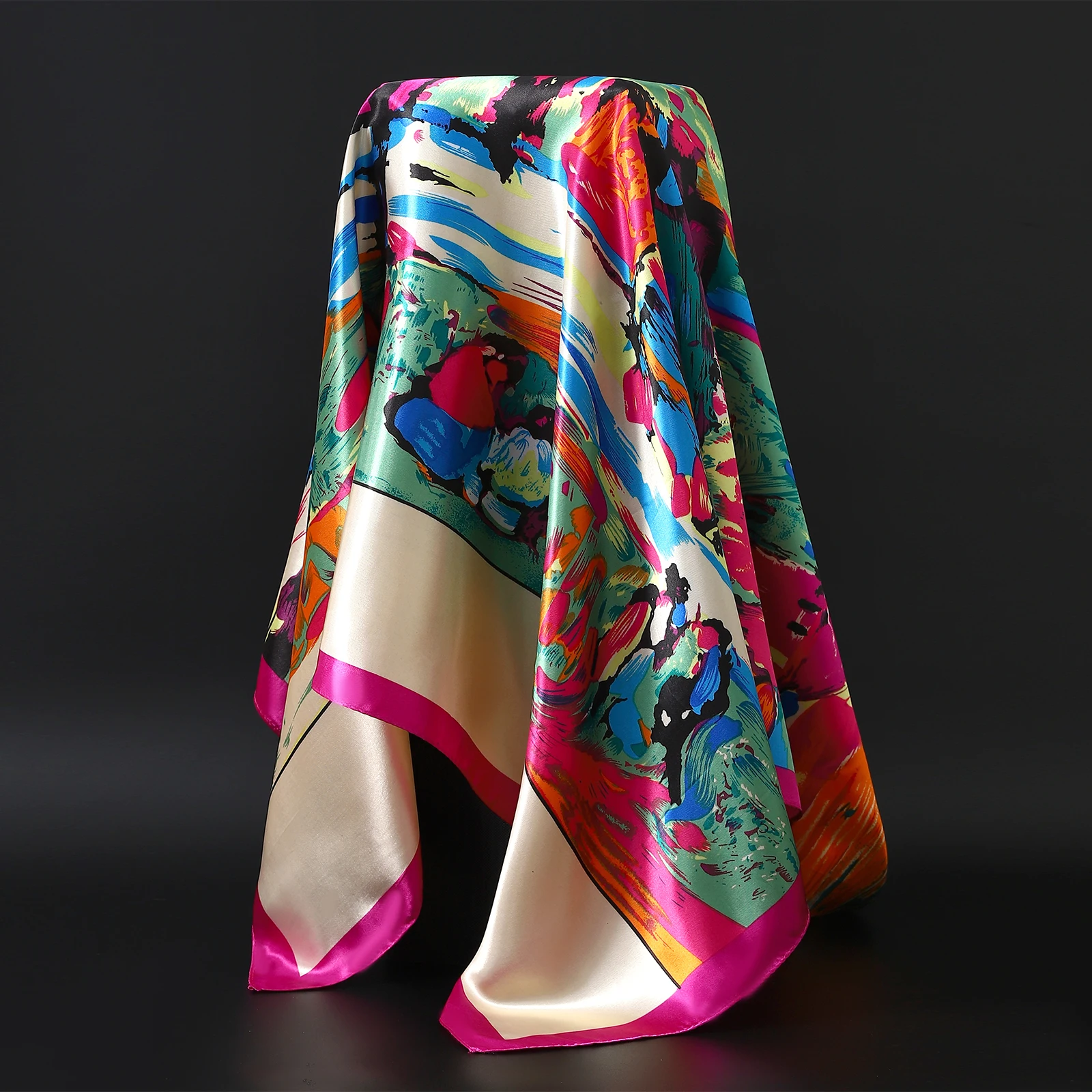 여성용 실크 새틴 히잡 스퀘어 스카프, 럭셔리 프린트, 우아한 헤어 핸드 백, 풀라드 숄 랩, 목 넥타이, 머리 스카프, 반다나, 90cm