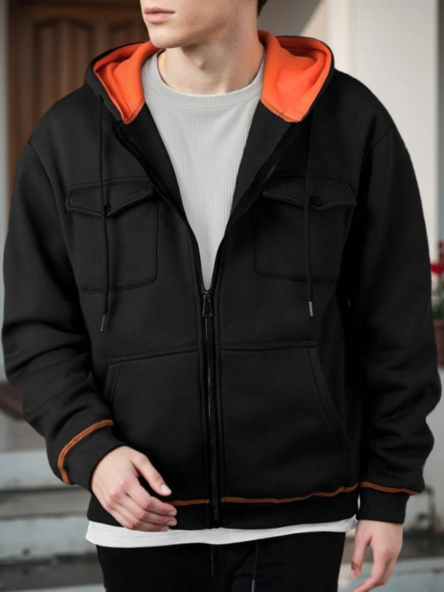 معطف منتفخ مبطن أنيق للرجال مع غطاء رأس قابل للإزالة وجيوب متعددة وسترة شتوية دافئة بسحاب كاجوال #4