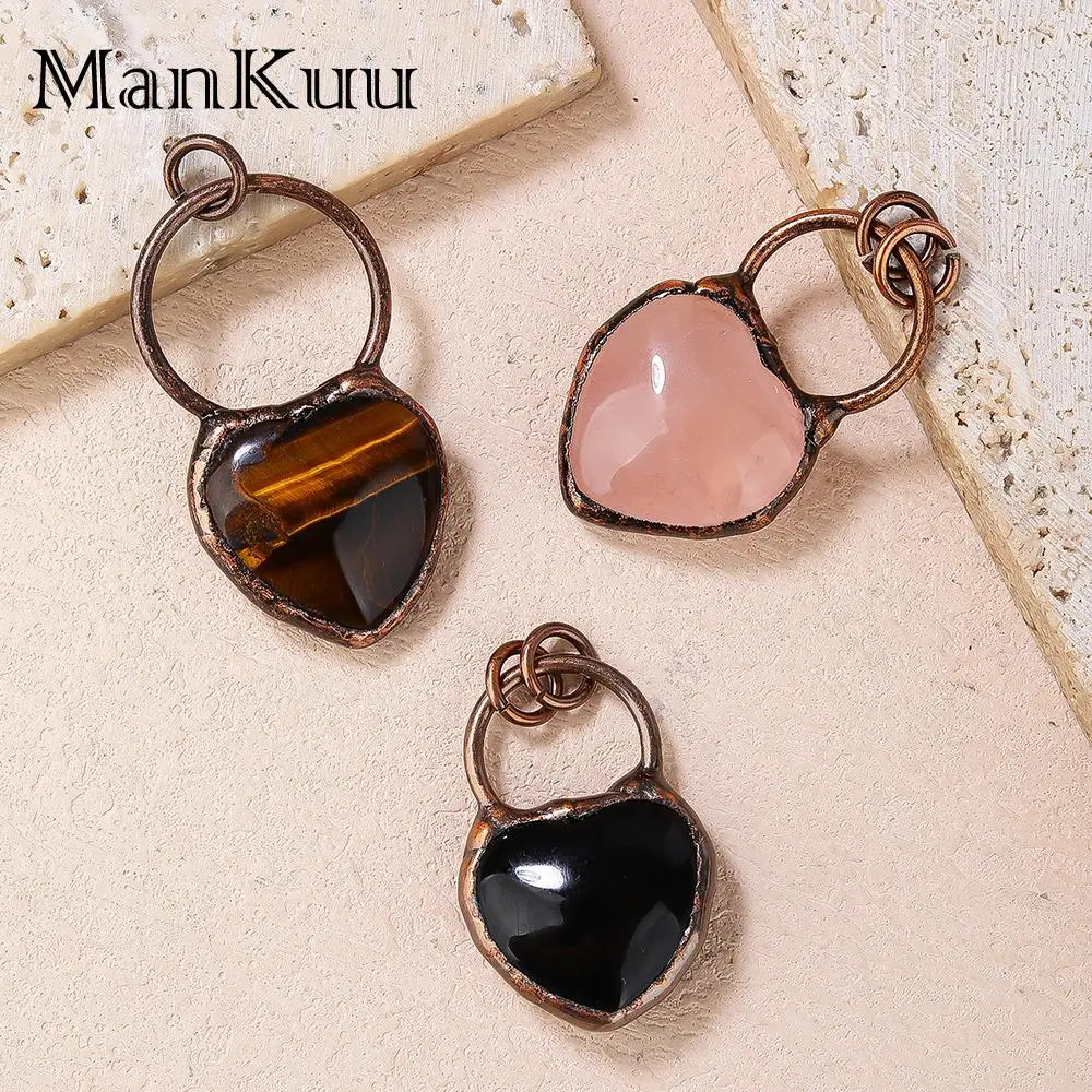 mankuu vintage antique bronze plating natural stone heart shape tiger's eye rose quartz labradorite black agate pendant necklace