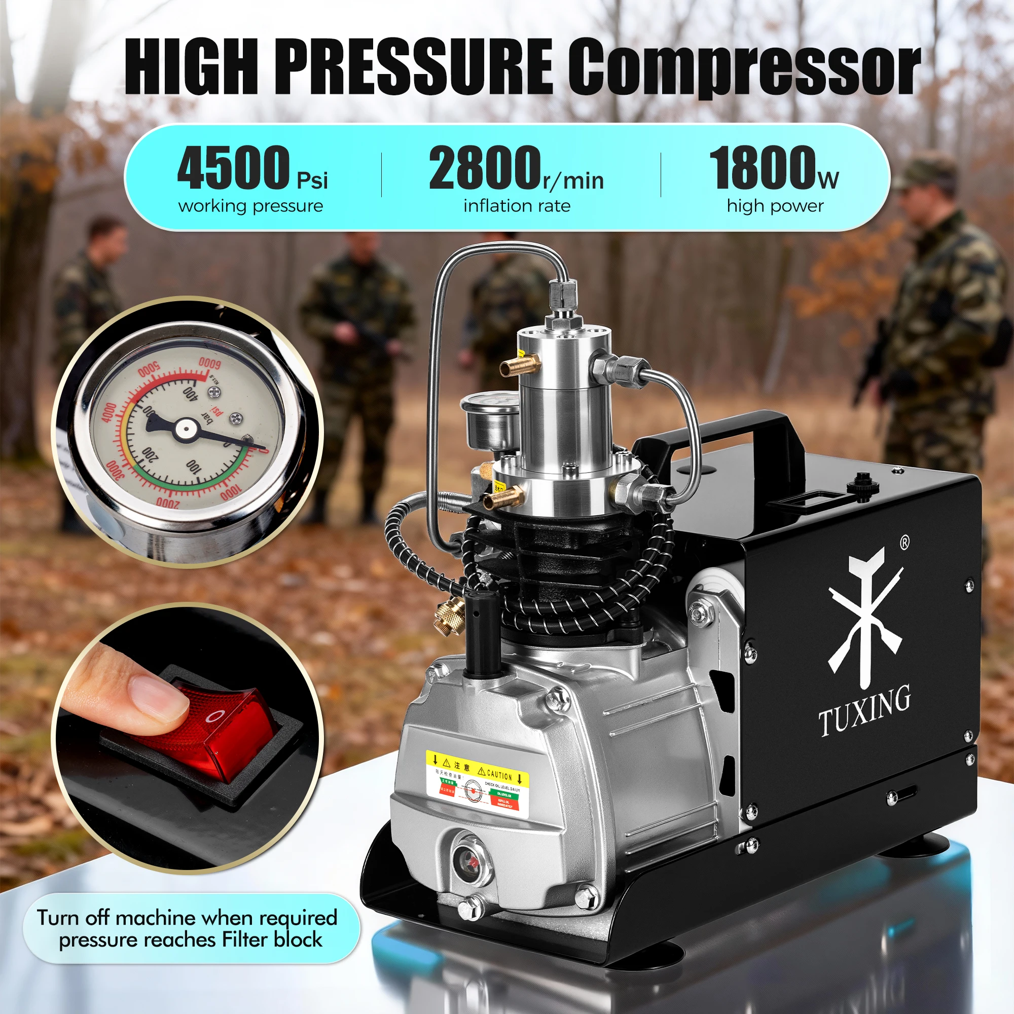 TUXING 300Bar 4500Psi PCP Luftkompressor Elektrischer Hochdruckkompressor für Tauchen 0-6,8L Tank PCP Gewehr 220V/110V TXES021 – Detail 3