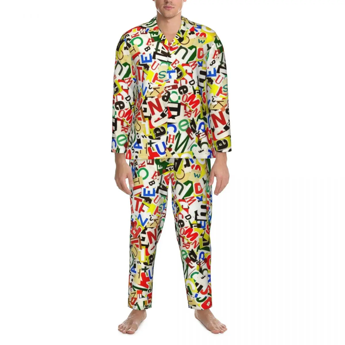 

Pajamas Men Abstract Letters Bedroom Nightwear Colorful Alphabet 2 Pieces Retro Pajama Set Long-Sleeve Trendy Oversize Home Suit