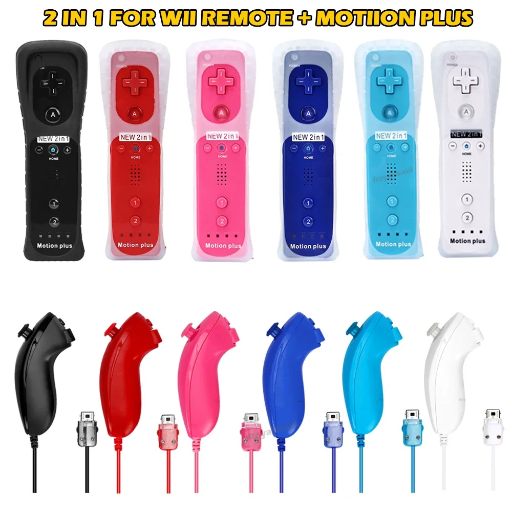 New 2 in 1 Wireless Nunchunk Controller for Nintendo Wii Remote Built-in Motion Plus Gamepad With Silicone Case Motion Sensor