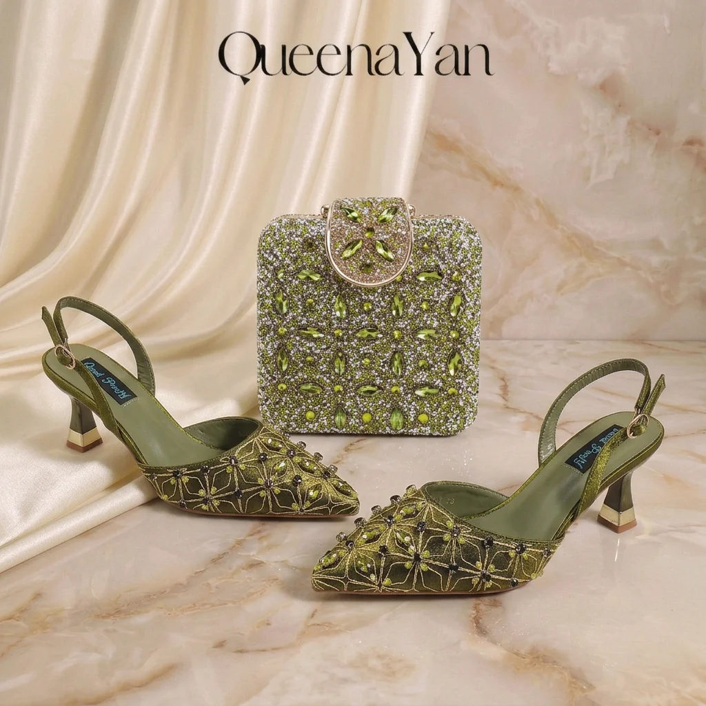 Elegant Full High Quality Diamond Design Olive Color Italian Women's Shoe and Handbag Set for Weddings and Special Occasions