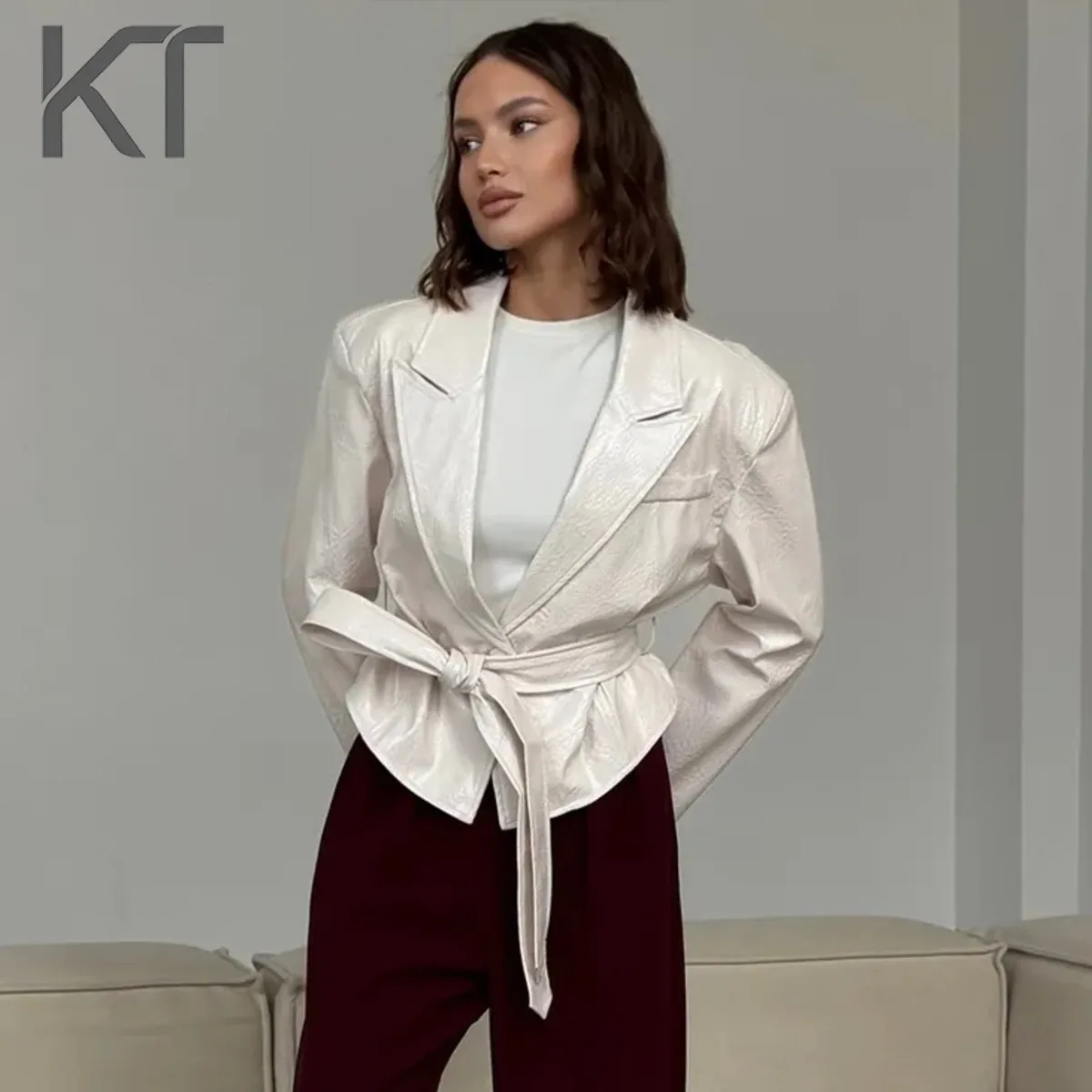 

KT Elegant Shiny Faux Leather Blazer for Women Notched Lapel Belted Waist Peplum Hem Cropped Casual & Streetwear Blazers