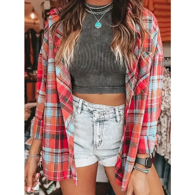 

Новые женские рубашки больших размеров с длинным рукавом, клетчатые топы с отложным воротником, однобортный топ, повседневные свободные рубашки