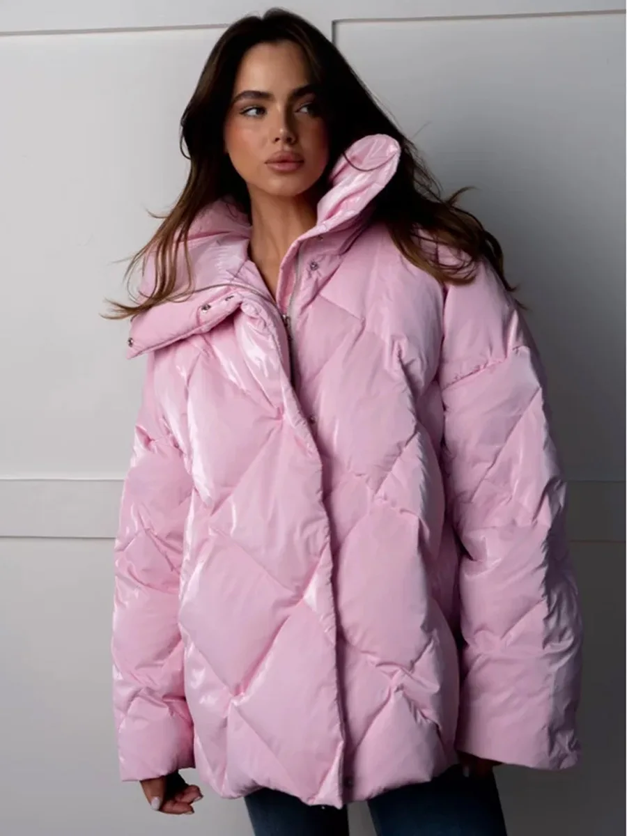 Bornladies Women\'s Autumn Winter Thicken Warm Cotton Jacket Matte Glossy Lapel Bread Jacket Fashion Loose Casual Cotton Jacket