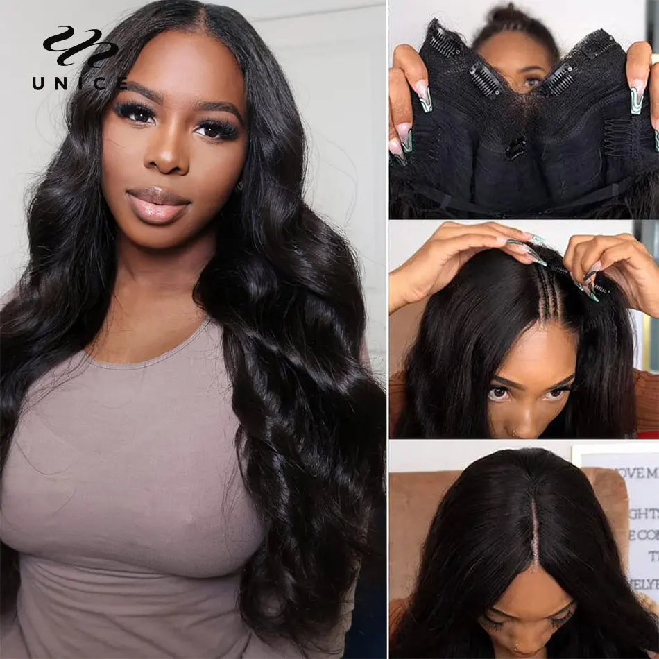 UNice Hair 250 Density Body Wave V Part Wig Human Hair Natural Color Upgrade U Part Wig Minimal Leave Out No Lace No Glue Wig