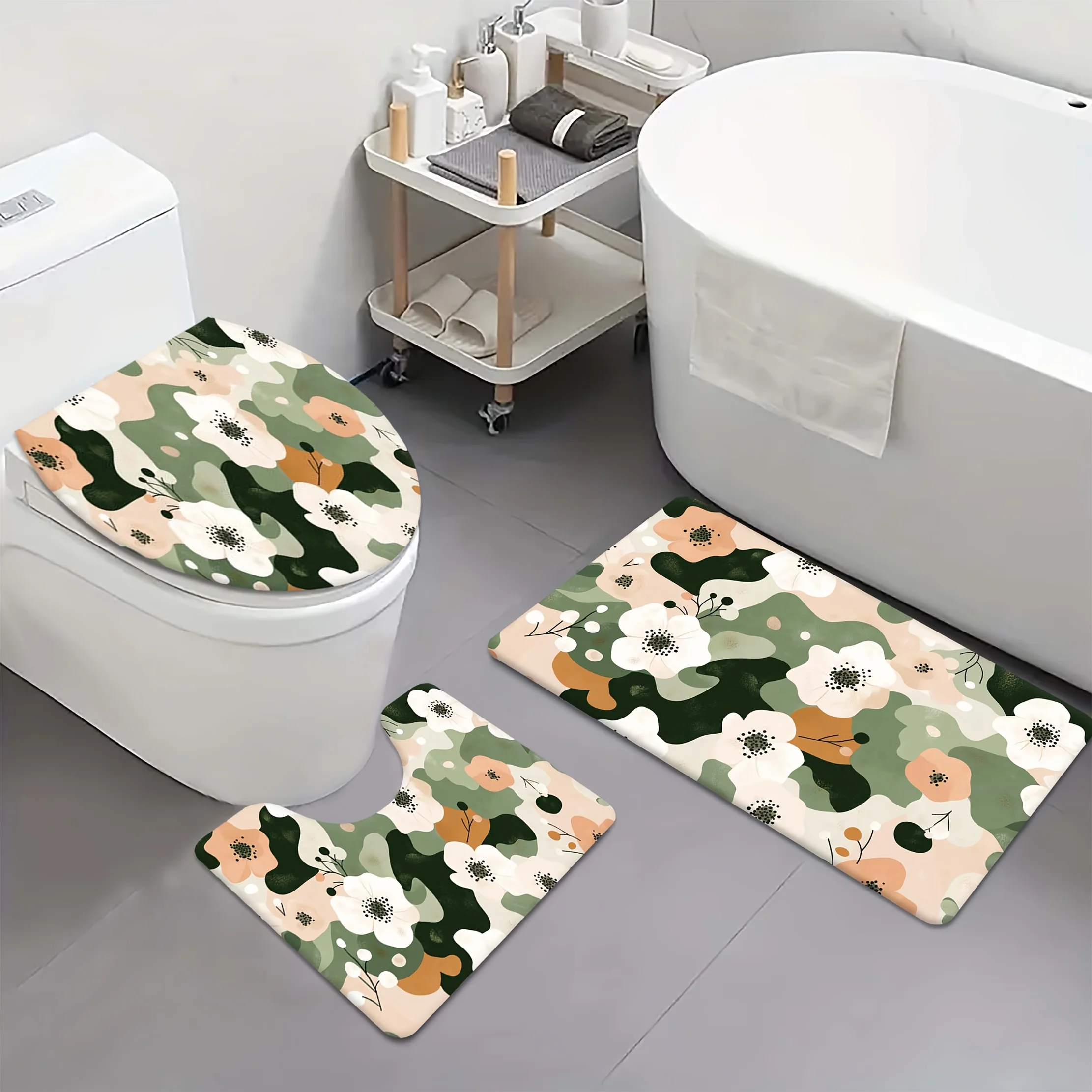 

3pcs Floral Print Bathroom Set - High-Quality Flannel, Non-Slip & Machine Washable, Vibrant Green, White & Beige Design with Gol