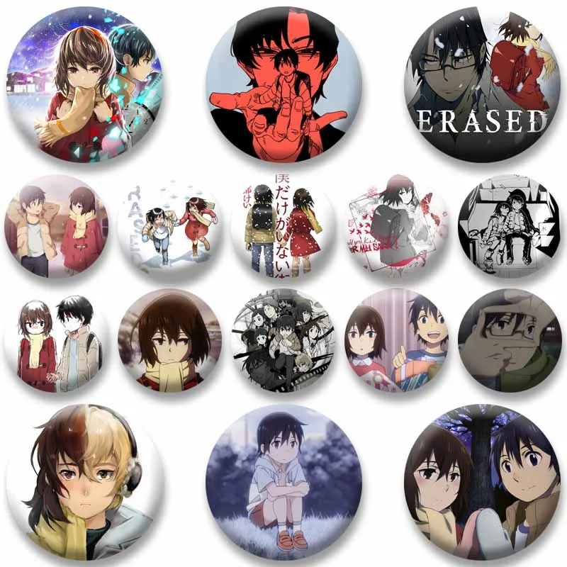 Horror Anime Erased Satoru Kayo Hinazuki Button Pins Cartoon Round Badge Lapel Brooch Backpack Clothes Shoes Jewelry Accessories