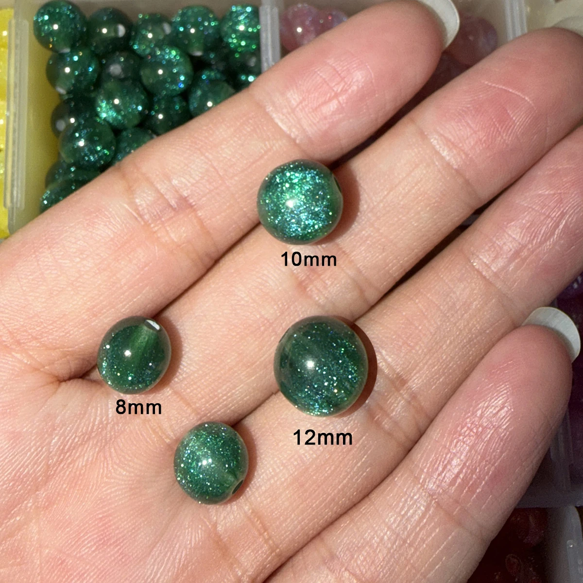 8/10/12mm 50 Stück Grüne Harzperlen mit Sternenhimmel-Effekt und Goldener Streuung für DIY Armbänder, Halsketten und Handgemachtes Zubehör – Detail 4