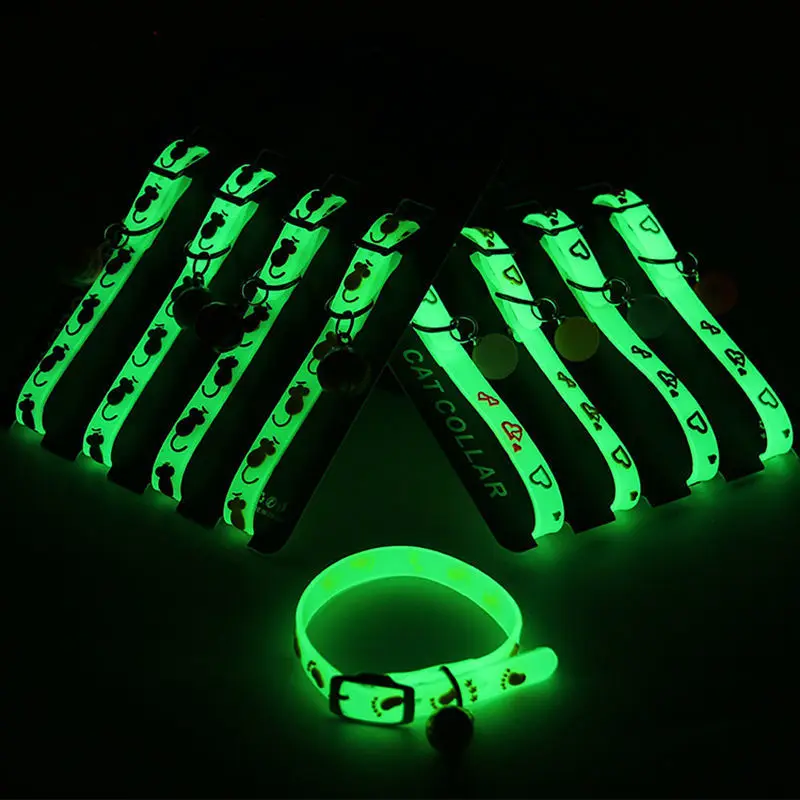 Pet Dog Cat Glowing Collars with Bells Glow at Night Adjustable Fluorescent Silicone Necklace Pet Light Luminous Neck Ring