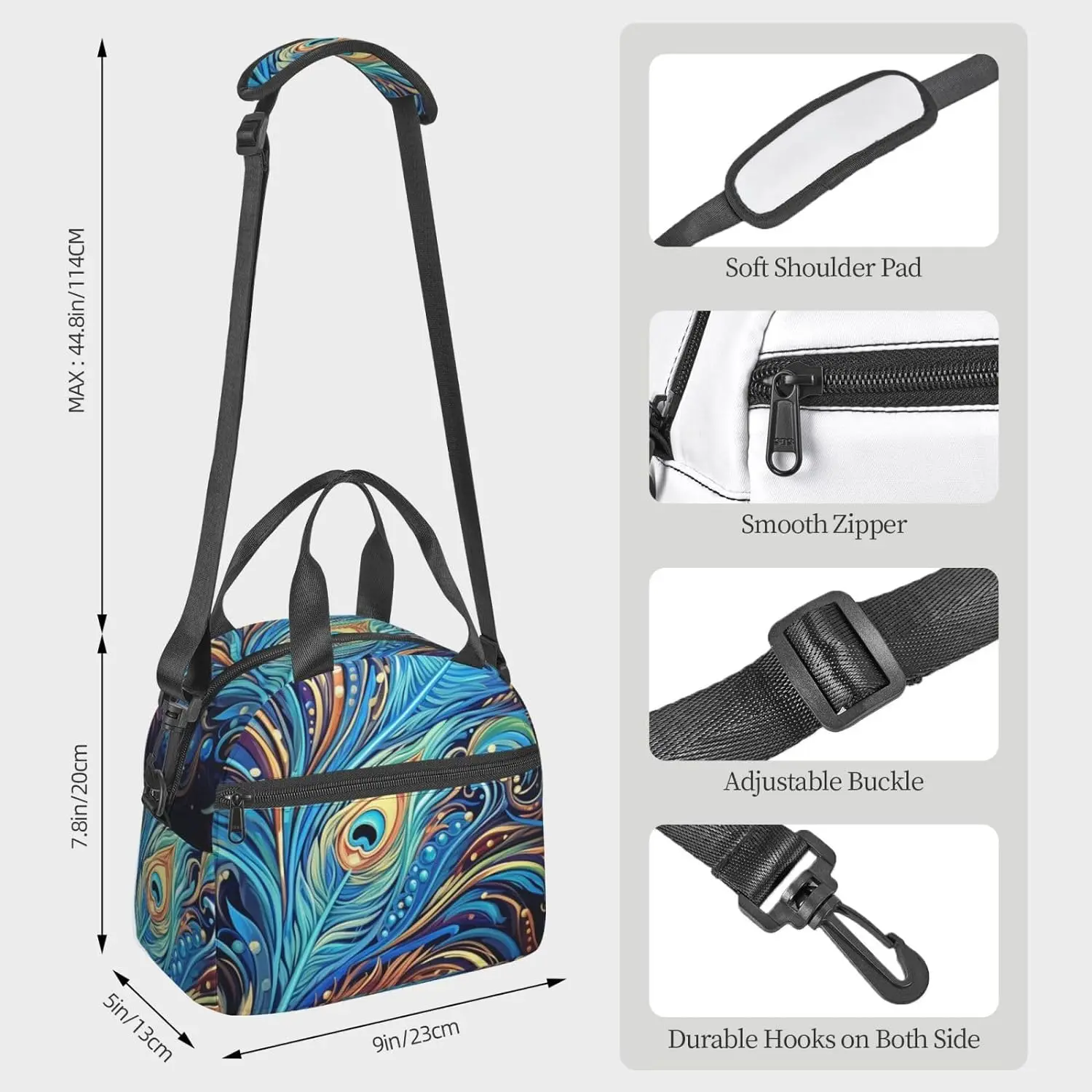 Fiambrera con estampado artístico de plumas de pavo real para hombres y mujeres, bolsa de almuerzo aislada con correa ajustable para el hombro, fiambrera reutilizable para viajes de oficina