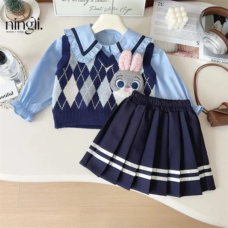 

NL-Girl Rabbit OfficerJKUniform Suit Autumn New Children's Knitted Jumper Dress Suit College Style