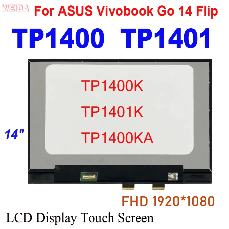 LCD 14 inci untuk ASUS Vivobook Go 14 Flip TP1400 TP1401 TP1400K TP1401K TP1400KA, pengganti rakitan Digitizer layar sentuh tampilan LCD