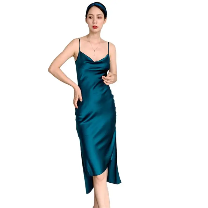 New Summer Women's Vintage Suspender Dress Fashion Temperament Solid Satin Dress Sexy Slit Backless Swinging neck Dress Vestidos