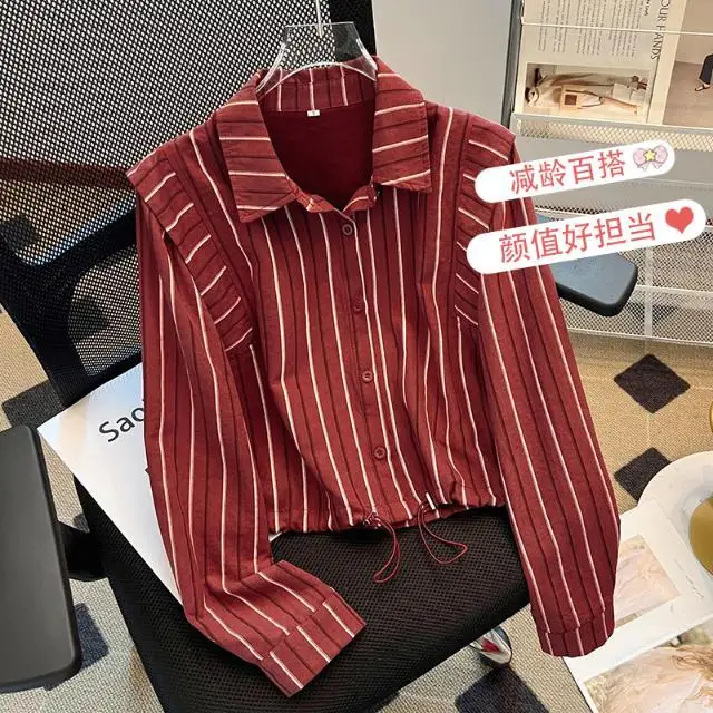 

Spring New Fashionable Long Sleeved Striped Shirt For Women, With A Niche Design And A Slim And Short Drawstring Top