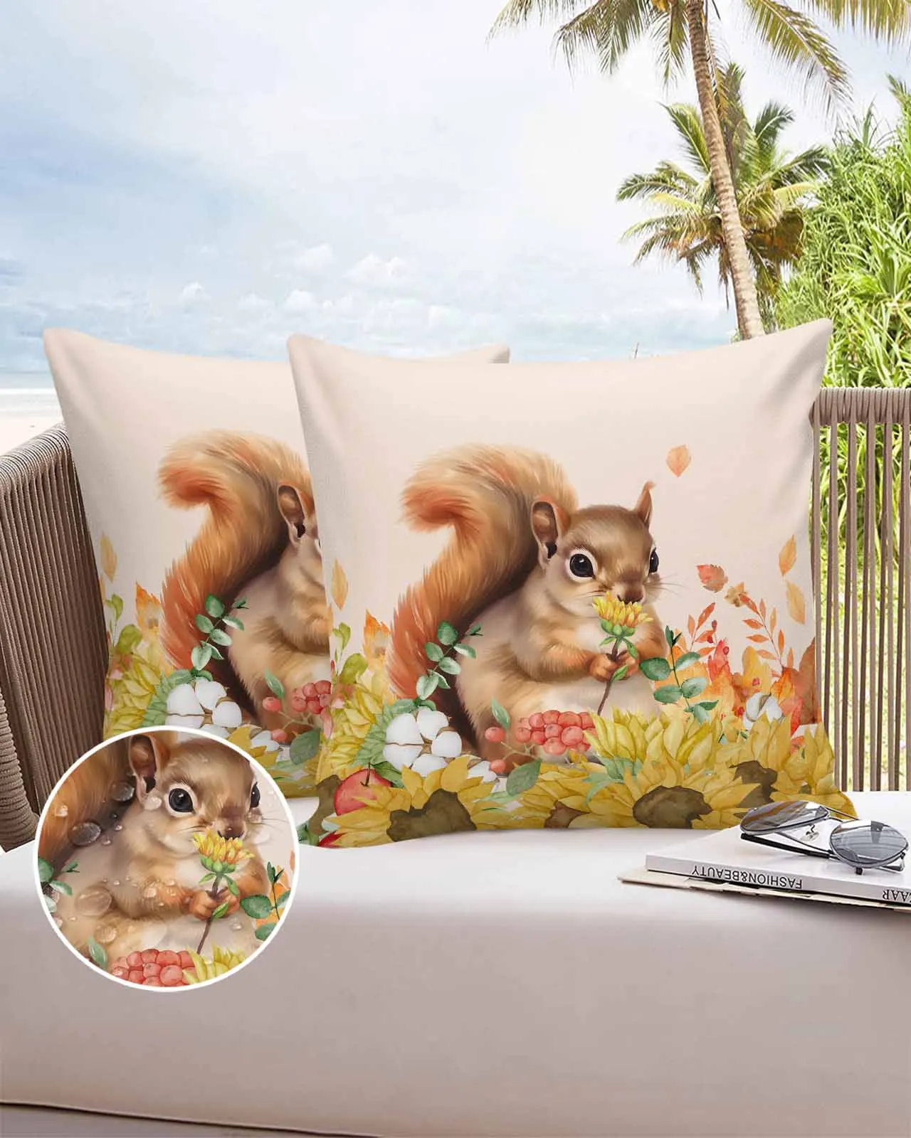 Autumn Watercolor Squirrel Sunflower Waterproof Pillowcase Set Car Cushion Cover Home Sofa Office Decorative Pillowcase Cover