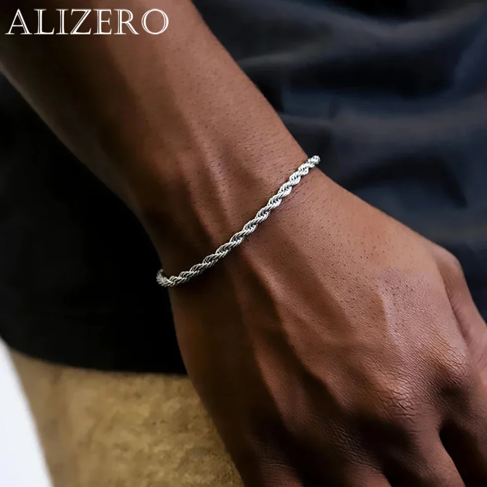 

Браслеты ALIZERO из стерлингового серебра 925 пробы, унисекс, 4 мм, с цепочкой-веревкой, для мужчин и женщин, с витыми звеньями, простые классические украшения