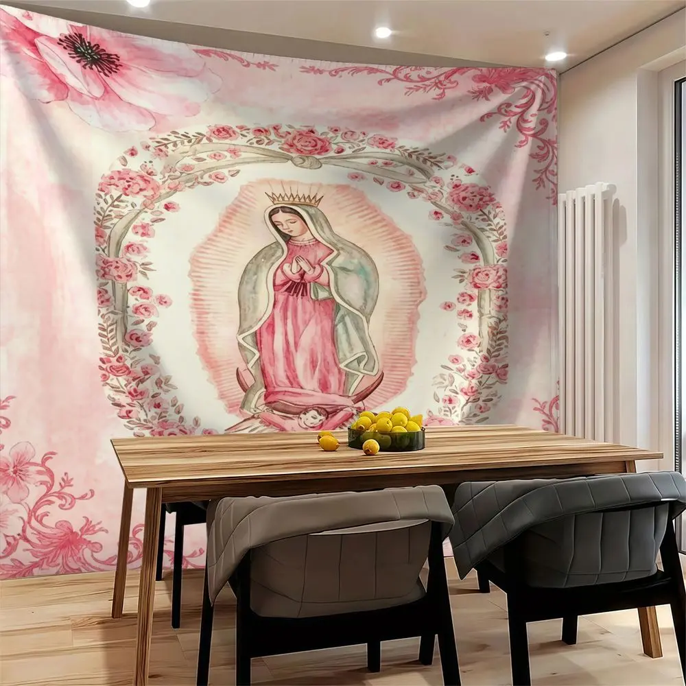 Pink Floral Virgin Mary Tapestry Wall Hanging Tapestries Wall Blanket Backdrop Decor Religious Adult Bedroom Wall Cloth