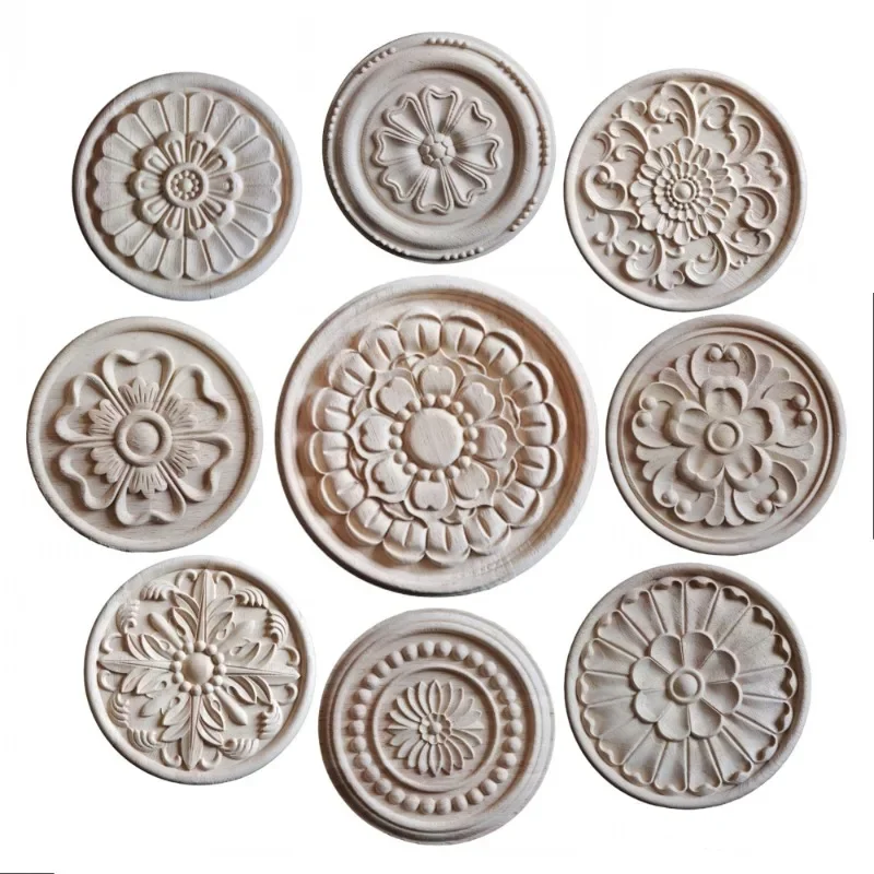 Carved Flower Carving Round Wood Appliques for Furniture Cabinet, Unpainted Wooden Mouldings, Decal Decorative Figurine