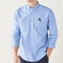 Spring Men's Dress Shirt Long-Sleeved Spring Autumn 100% Cotton Oxford Casual Social Solid Color Embroidery Washed Business Top