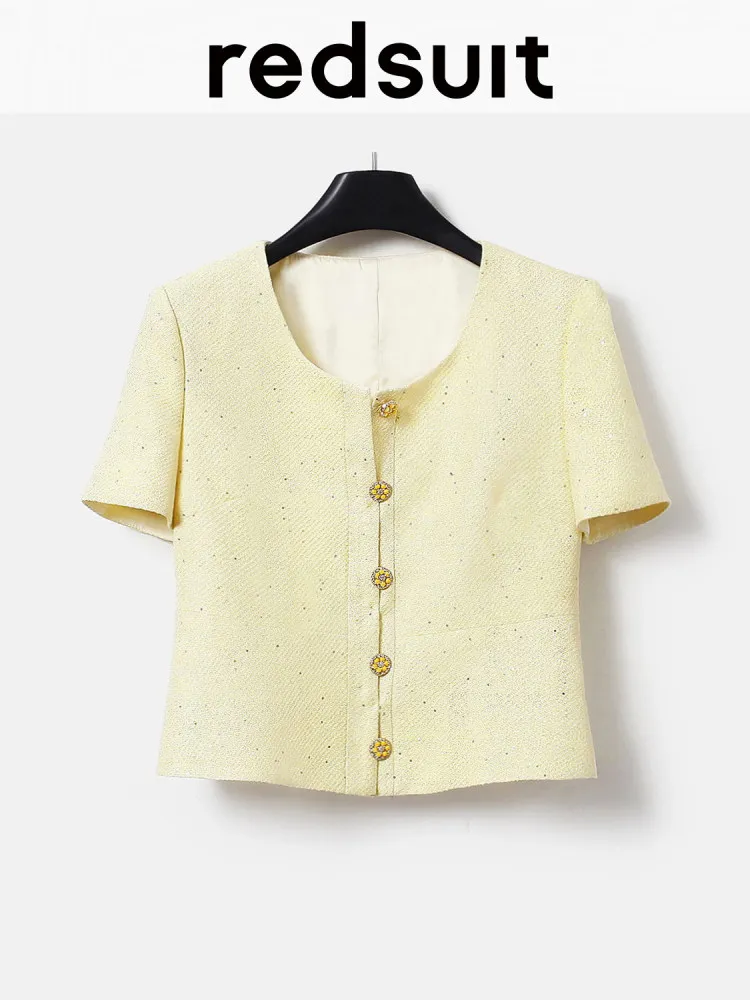 New Sweet lemon yellow lightweight tweed jacket fashionable versatile round neck top Custom Sizes
