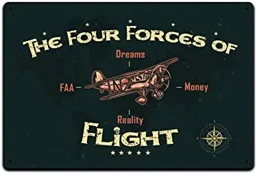 JP's Parcels Tin Signs Man Cave Decor - Metal Sign 12 x 8 in. The Four Forces of Flight FAA Dreams Money Reality sign
