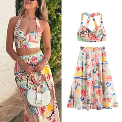 TRAF Print Two Piece Set Mini Backless Women Slip Top And Midi Loose Lady Skirt 2024 Summer Fashion Elegant Vacation  Lady Set