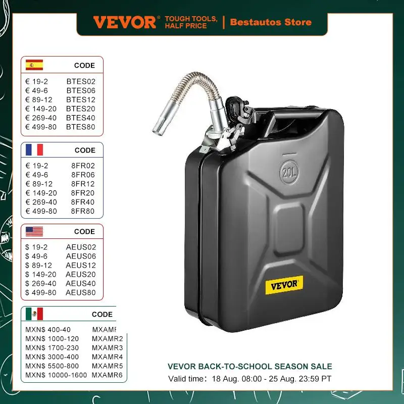 

VEVOR 5.3 Gallon / 20 L Jerry Fuel Can Rustproof & Heat-resistant Steel Petrol Tank with Flexible Spout Black/Red/Yellow/Green