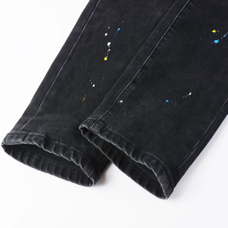 y2k new men's jeans, painted elastic slim fit, washed and worn black jeans, high street designer hip-hop brand pants, ho