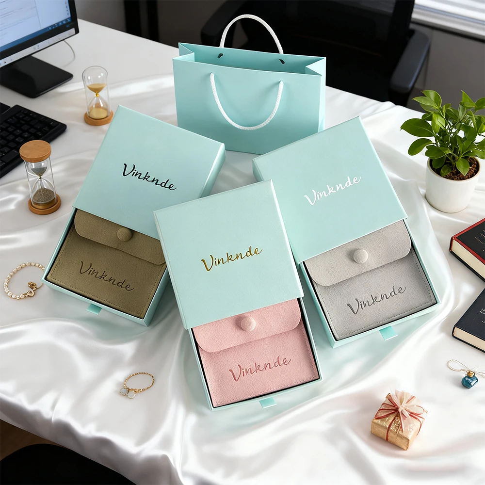 

Luxury Gift Jewelry Snap Bag Paper Drawer Boxes Custom Printing Logo Travel Organizer Packaging For Earrings Rings Bracelet Bulk