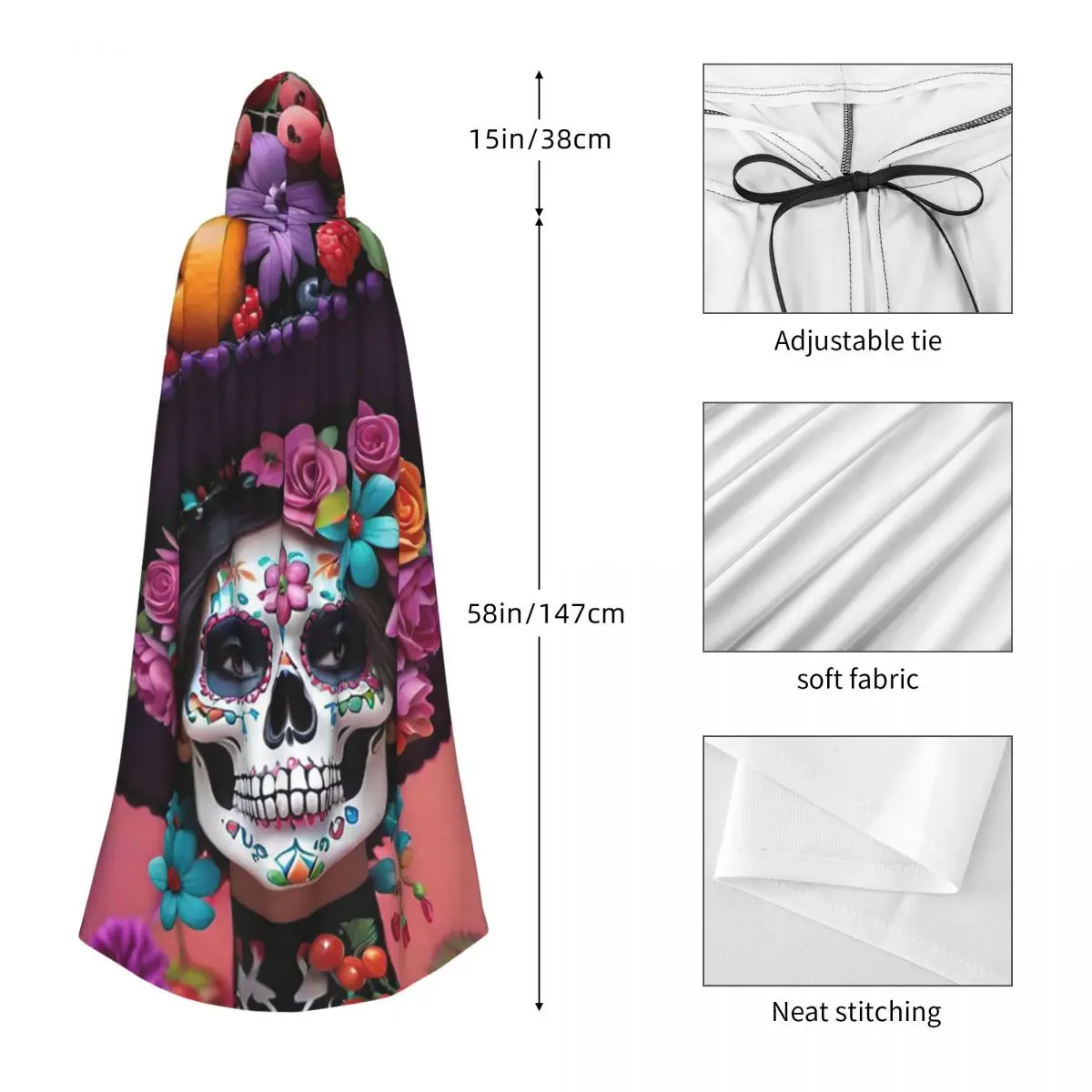 يوم الموتى السكر الجمجمة المكسيكي فتاة طويلة مقنعين عباءة الساحرة القرون الوسطى زي تأثيري كيب HalloweenParty الكبار للجنسين