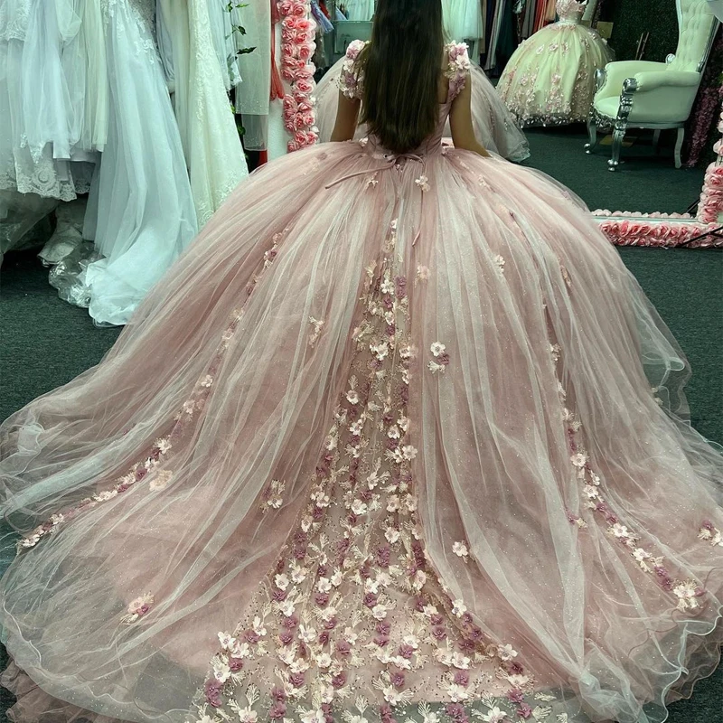 Customized Pink Quinceanera Dresses 2023 Ball Gown Flowers Appliques Beading Sweet 15 16 Dress Vestidos De 15 Anos YQD214