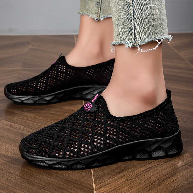 STRONGSHEN Summer Women Flat Casual Shoes Mesh Comfortable Breathable Hollow out Slip on Sports Walking Sneaker Zapatos De Mujer