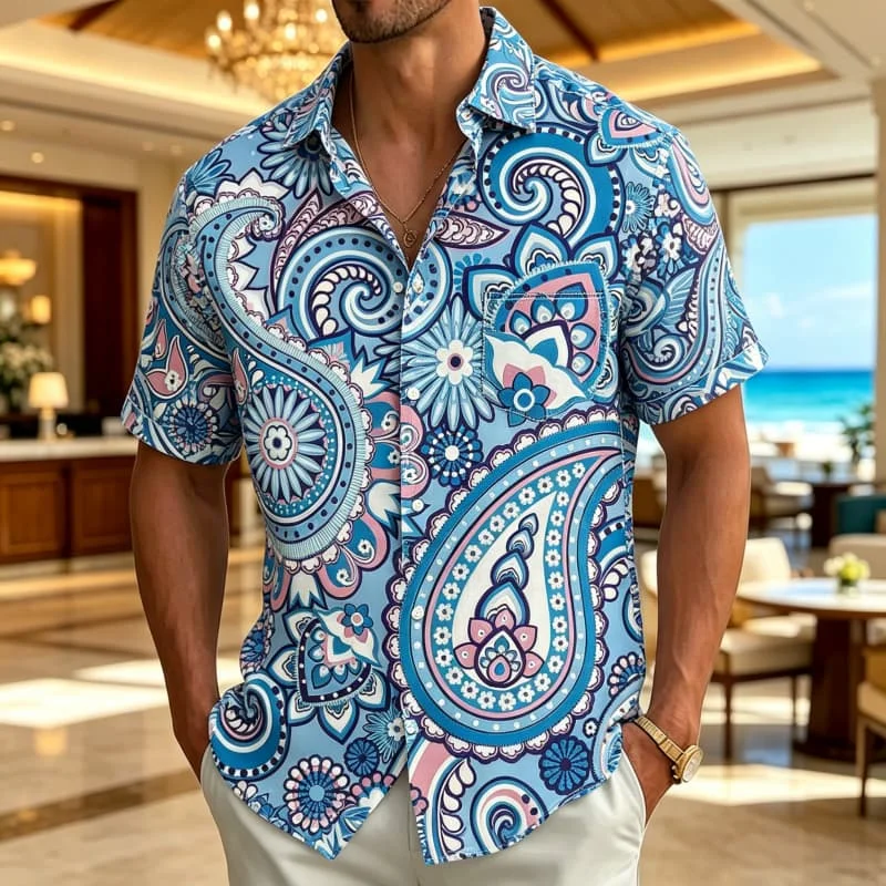 Hot Selling Fresh Cashew Pattern Printed Shirt for Men, Breathable Daily Casual Loose Shirt
