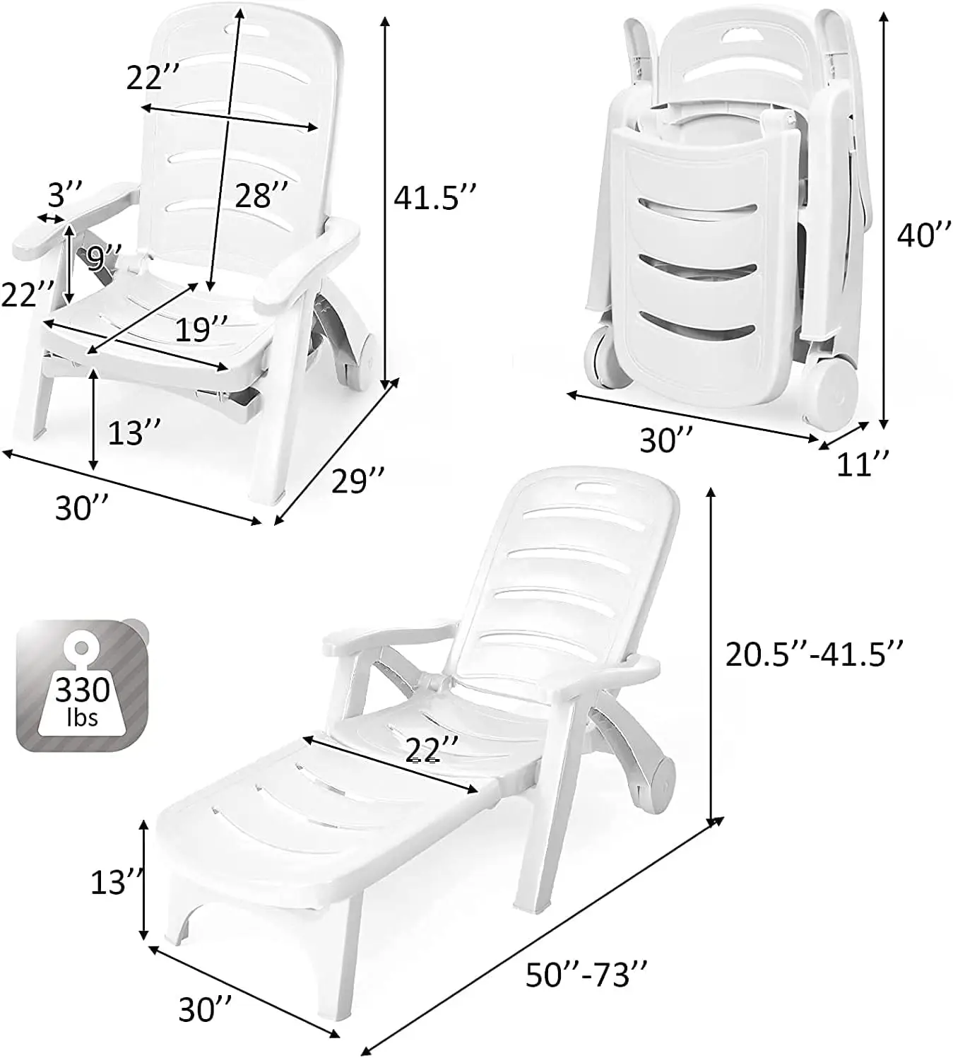 Moccha Plastic Folding Lounge Chair, 5-Position Adjustable Chaise Lounge with 2 Rolling Wheels, Armrest, Outdoor, Customized