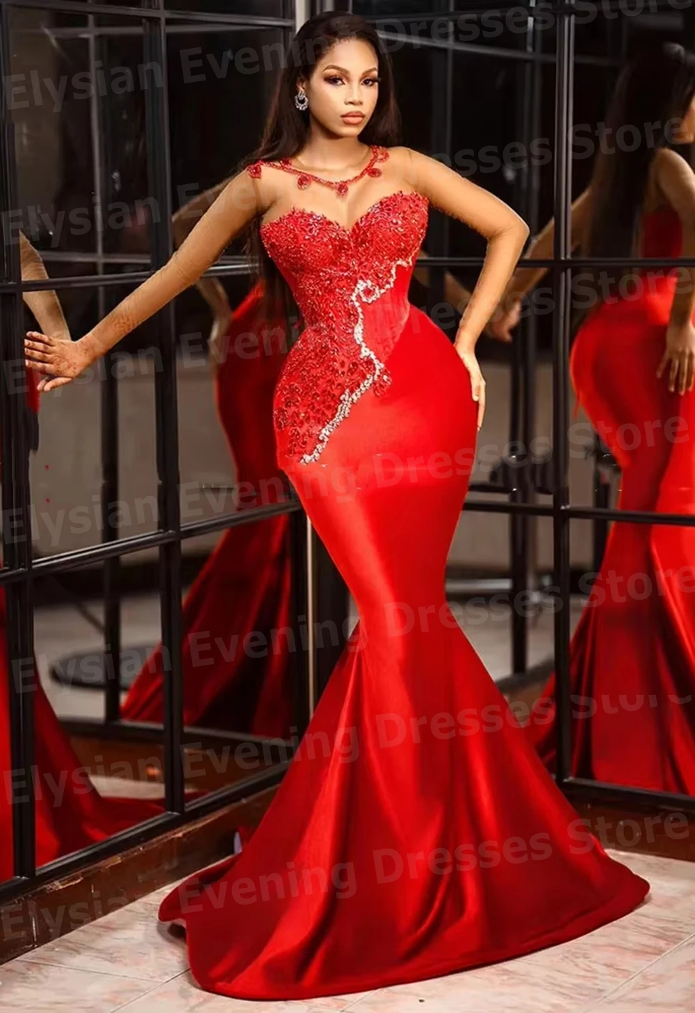 Robe De Soirée De forme sirène, gracieuse, manches longues, personnalisée, robes De bal, col rond, avec des Appliques