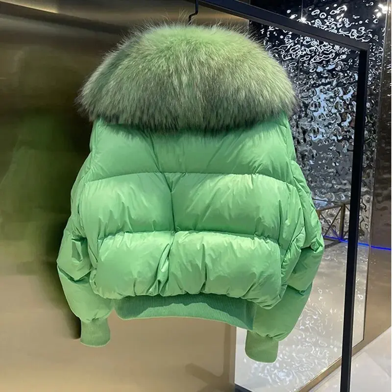 Winte Green Big Luxury Fur Collar Parka Duck Down Coat Thicken Warm Snow Parka Female Loose Puffer Jacket Outerwear Women