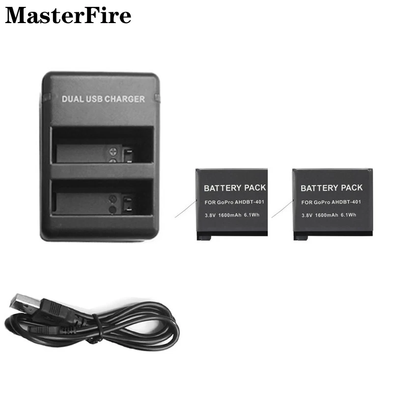 

Dual USB Charger + 2PCS AHDBT-401 1600mah Battery for GoPro Hero 4 Hero4 Black Silver HD 4K Batteries Action Camera Accessories