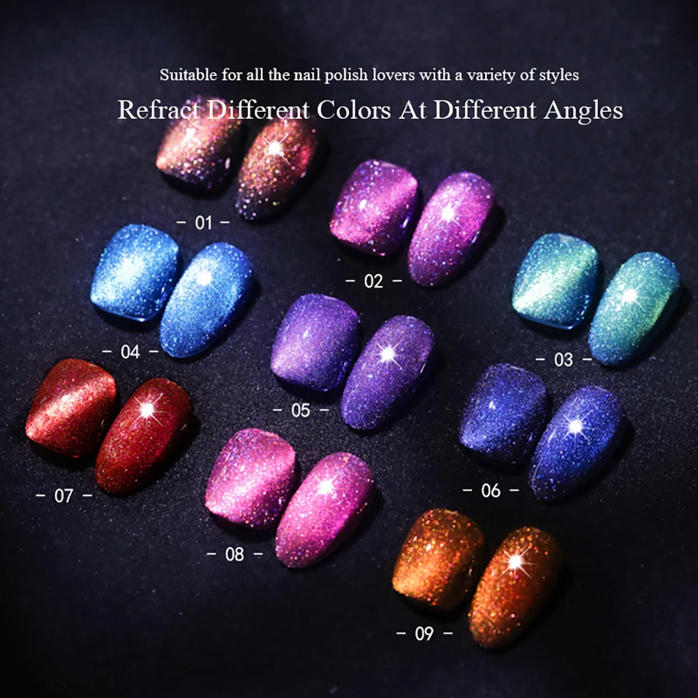 Vendeeni 9 Colors Laser Glitter Broken Diamond Cat Eye Gel Nail Polish TPO FREE Shiny Galaxy Magnetic UV Soak Off Gel Varnish