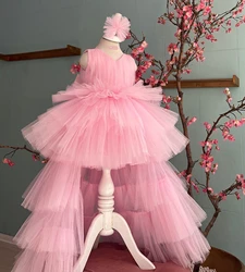 Pink Tulle Flower Girl Dresses Tiered Ruffles Children Birthday Gowns with Detachable Train Little Girls Kids Photoshoot Dresses