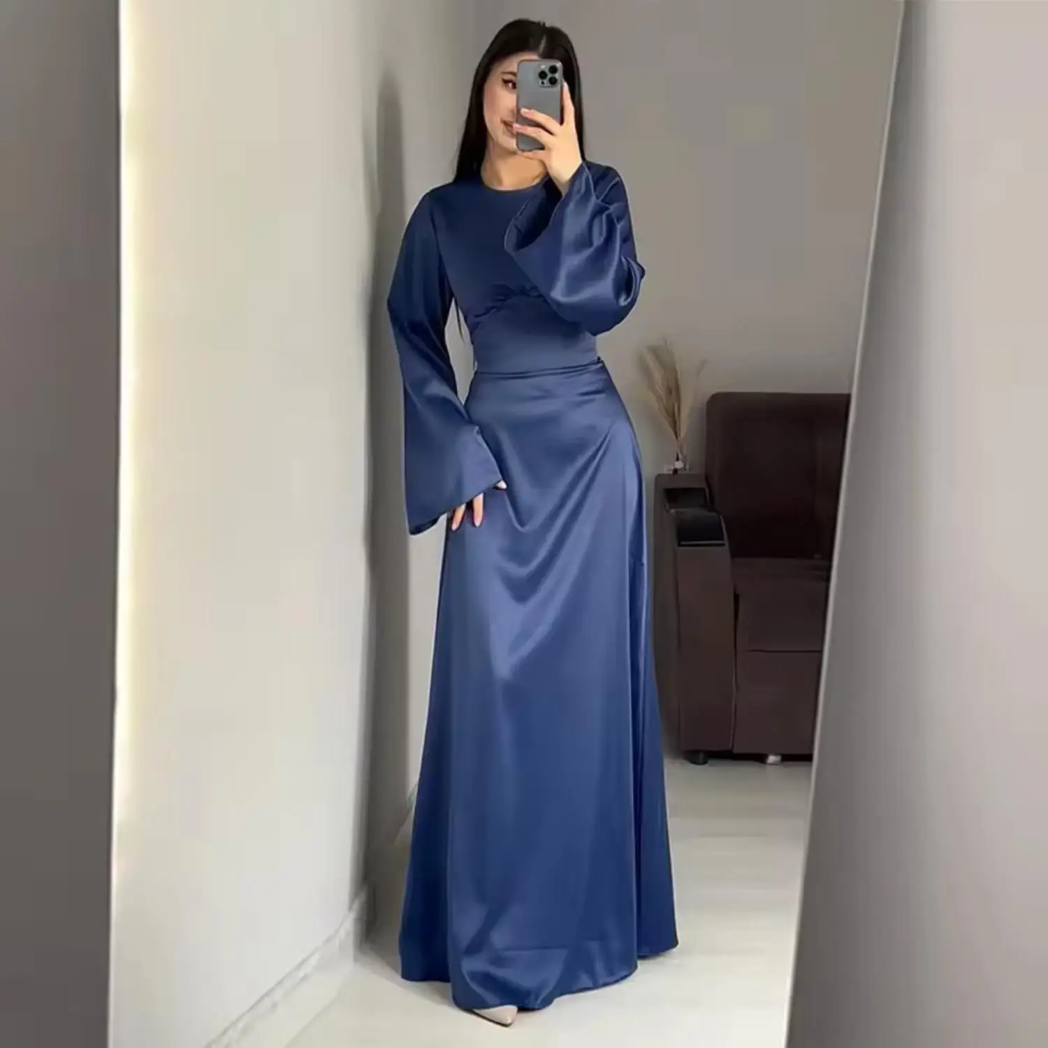 

EINY Women Satin Long Dresses Sexy Lace Up Slim Evening Dresses Simple Round Neck Flare Sleeve Birthday Party Dress Back Bandage