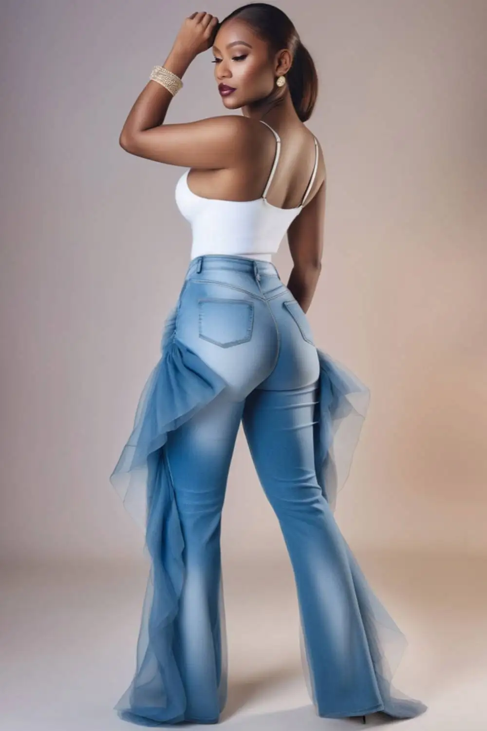 Plus Size Daily Blue Ruffle Spliced Contrast Tulle Mid Waist Denim Jeans Worn In All Seasons Women 2025 New Fashion