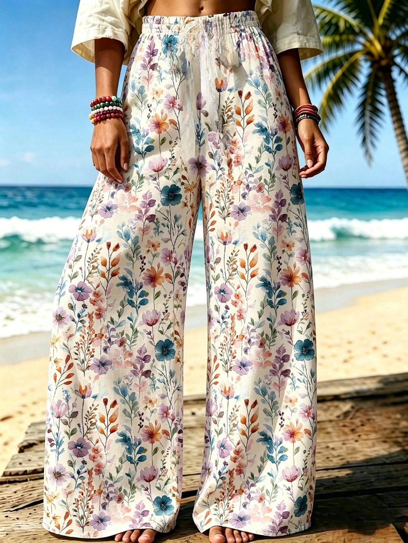 2026 Hot Selling Summer Fashion Bohemian Lace Texture Vacation Casual Geometry 3D Printing Plus Size Loose Wide Leg Pants