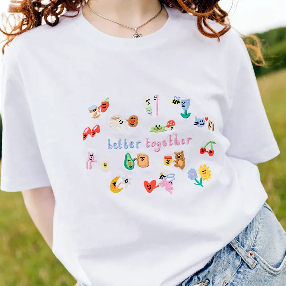 Better Together Cartoon Element Embroidered Cute T Shirts Women Thick Cotton Loose High Quality Tees Ins Fashion Casual Tshirt
