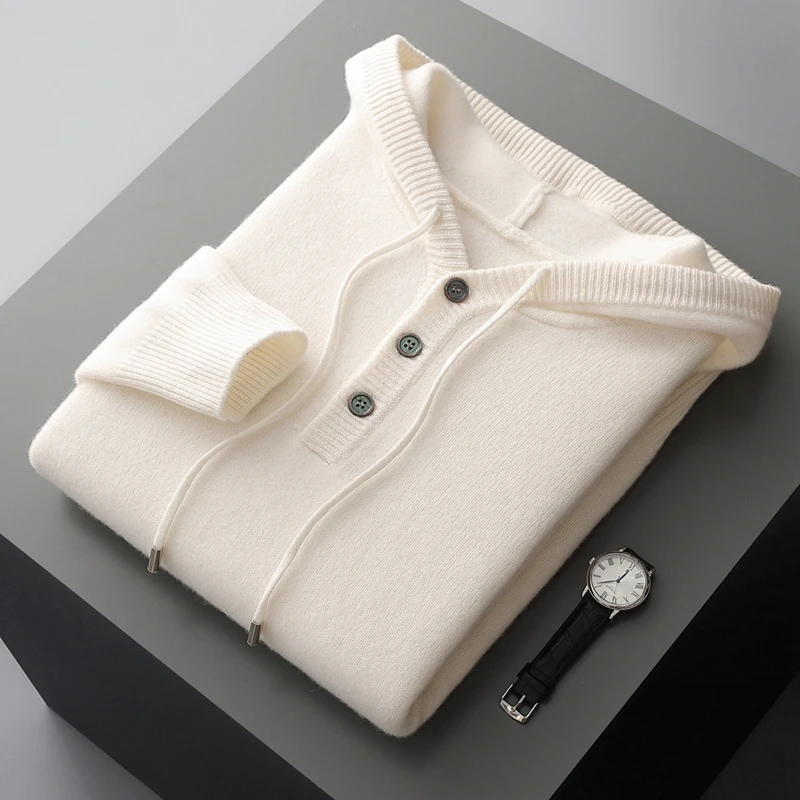 Hot 2026 100% Merino Wool Knitwear Autumn Winter Men's Hooded Pullover Soft Warm Sweater Drawstring Neckline Casual Clothing Top