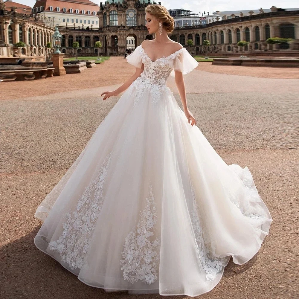 

Classic Wedding Dress 2026 Sheer Off Shoulder Appliques Lace Sleeves Tulle Bridal Bride Gown Vestido de Noiva Robe Mariage