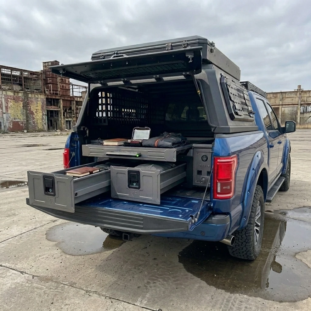 Aluminum Alloy 2-Drawer Magic Box Truck Bed Storage Drawer System with Tray Power Station for Ford F150 Raptor RAM 1500 Tundra