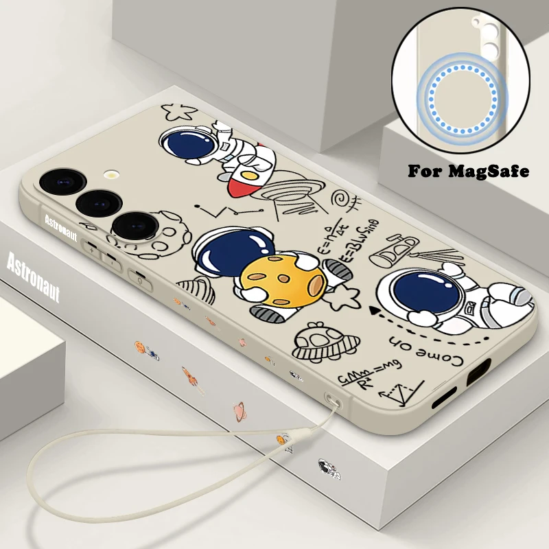 Niedliche Astronauten-Magnet-Hülle für Samsung Galaxy S26 S24 S23 S22 Ultra Plus S25 S24 FE für MagSafe Wireless Charge Lanyard Cover